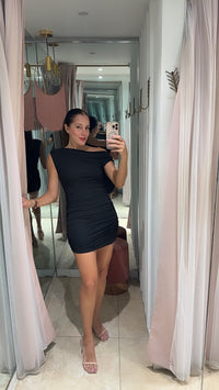 Sculpted Off Shoulder Ruched Black Short Dress