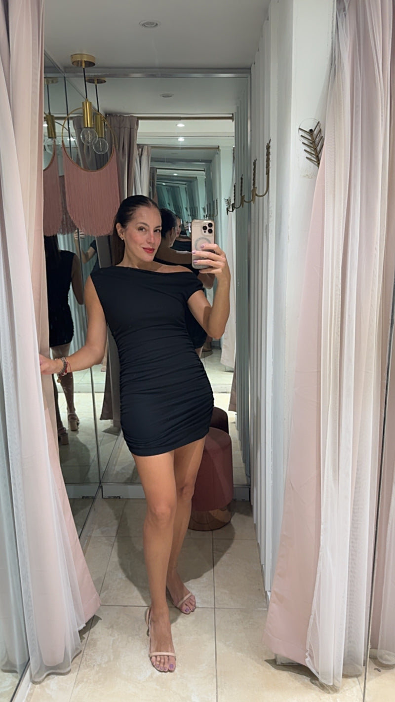 Sculpted Off Shoulder Ruched Black Short Dress