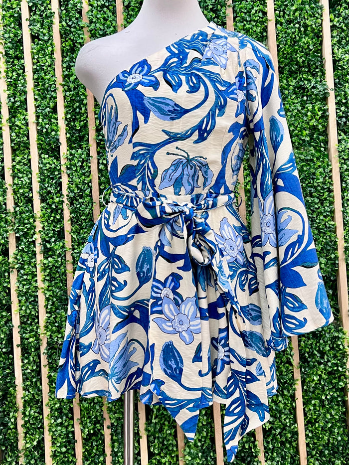 Blue Floral One Shoulder Romper