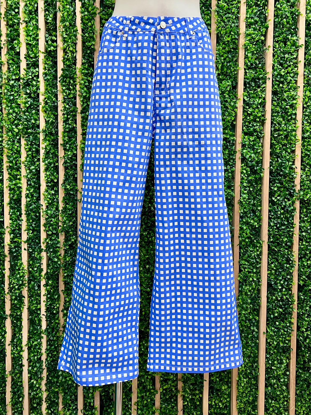 Blue Checkered Strapless Cop Wide Leg Pant