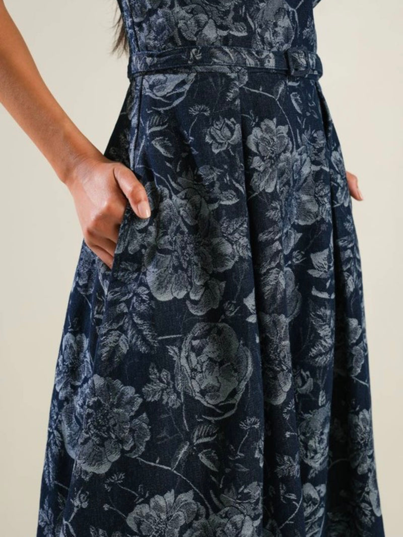 Denim Jacquard Strapless Midi Dress