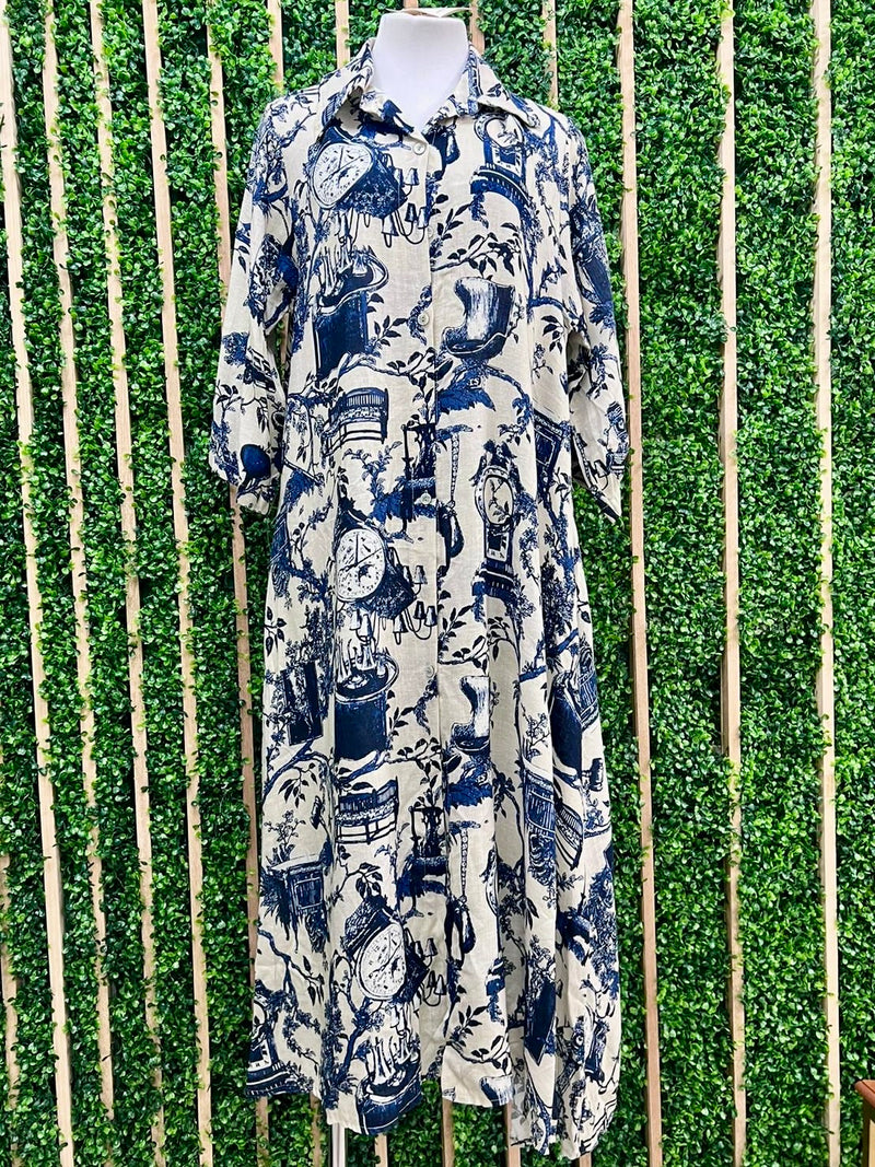 Blue Botanic Print Linen Midi Blouse Dress