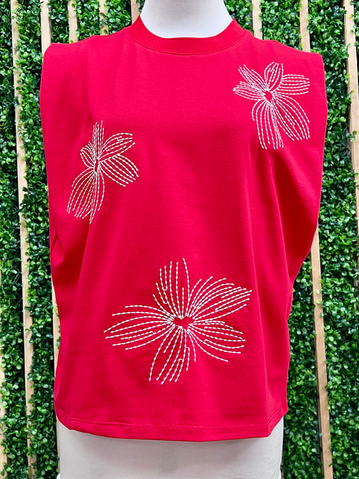 Floral Embroidered Cotton Sleeveless Top