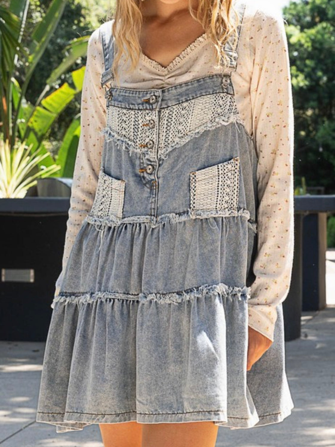 Lace Frayed Denim Skirt Overall