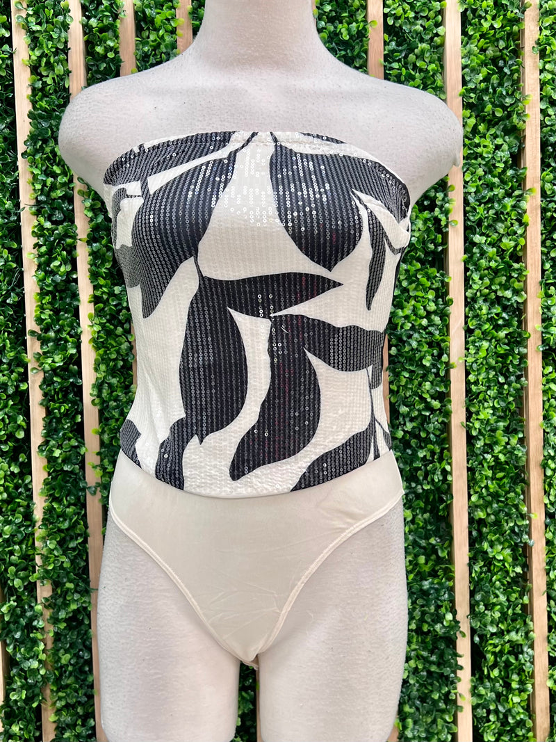 Ivory Black Sequined Strapless Bodysuit