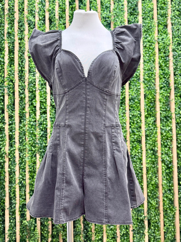 Washed Black Ruffled Romper