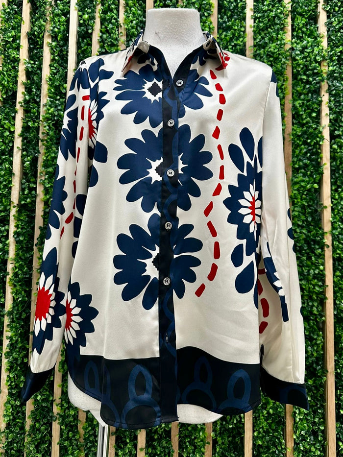 Ivory Navy Deco Floral Blouse