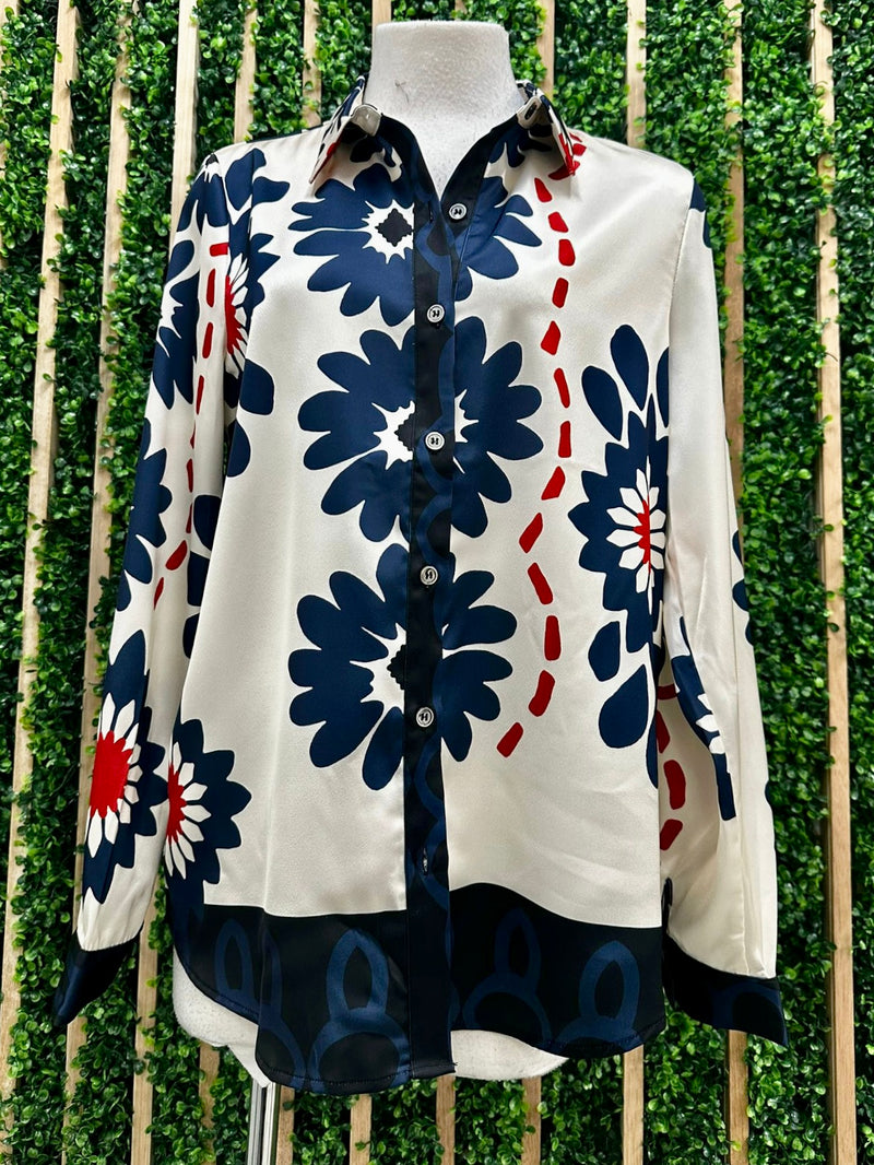 Ivory Navy Deco Floral Blouse