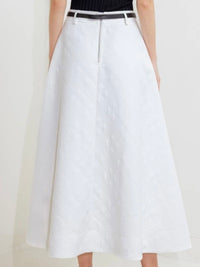 White Textured and Belted A Line Midi Skirt