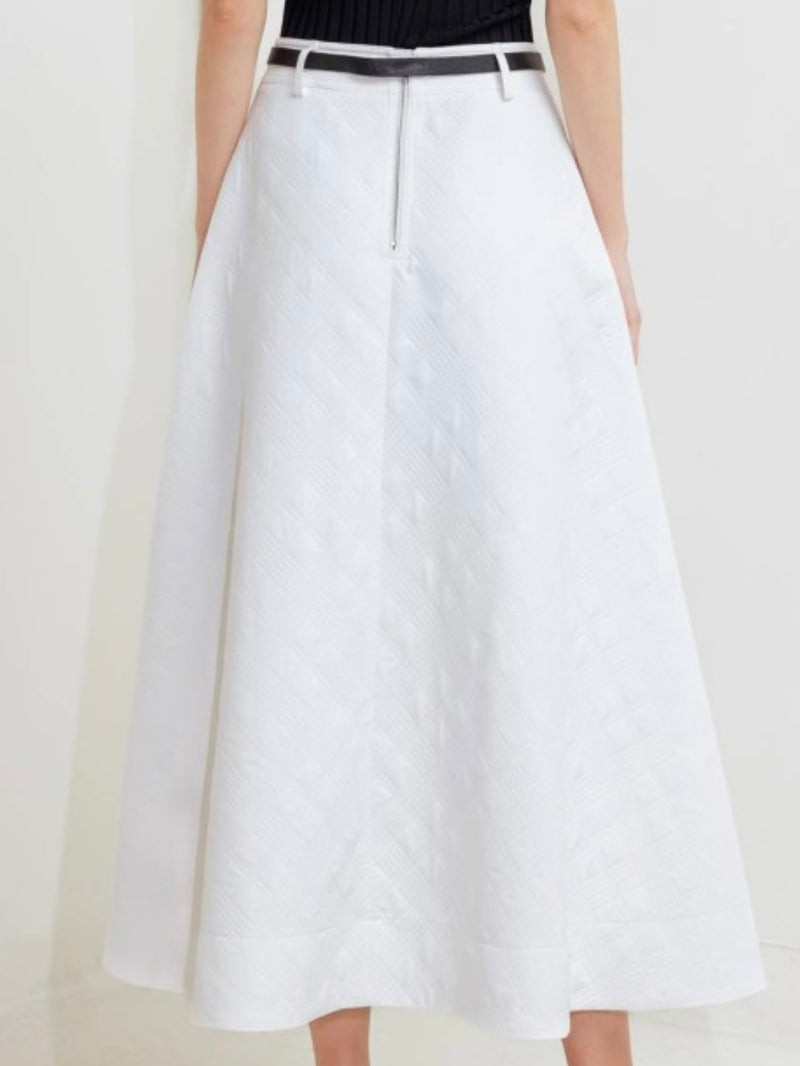 White Textured and Belted A Line Midi Skirt