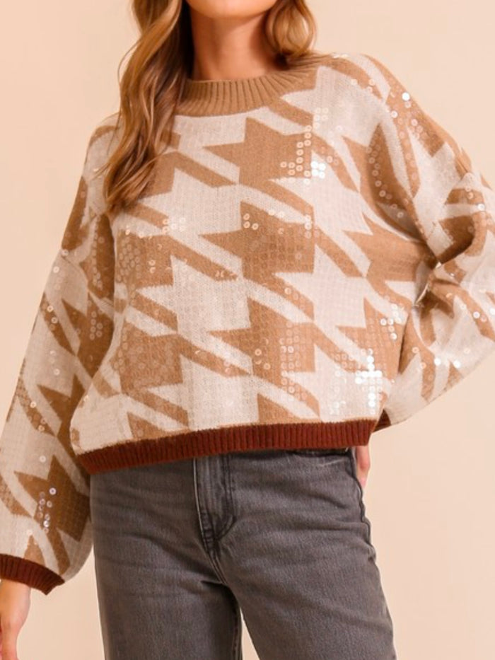 Taupe Geometric Pattern Sequin Sweater
