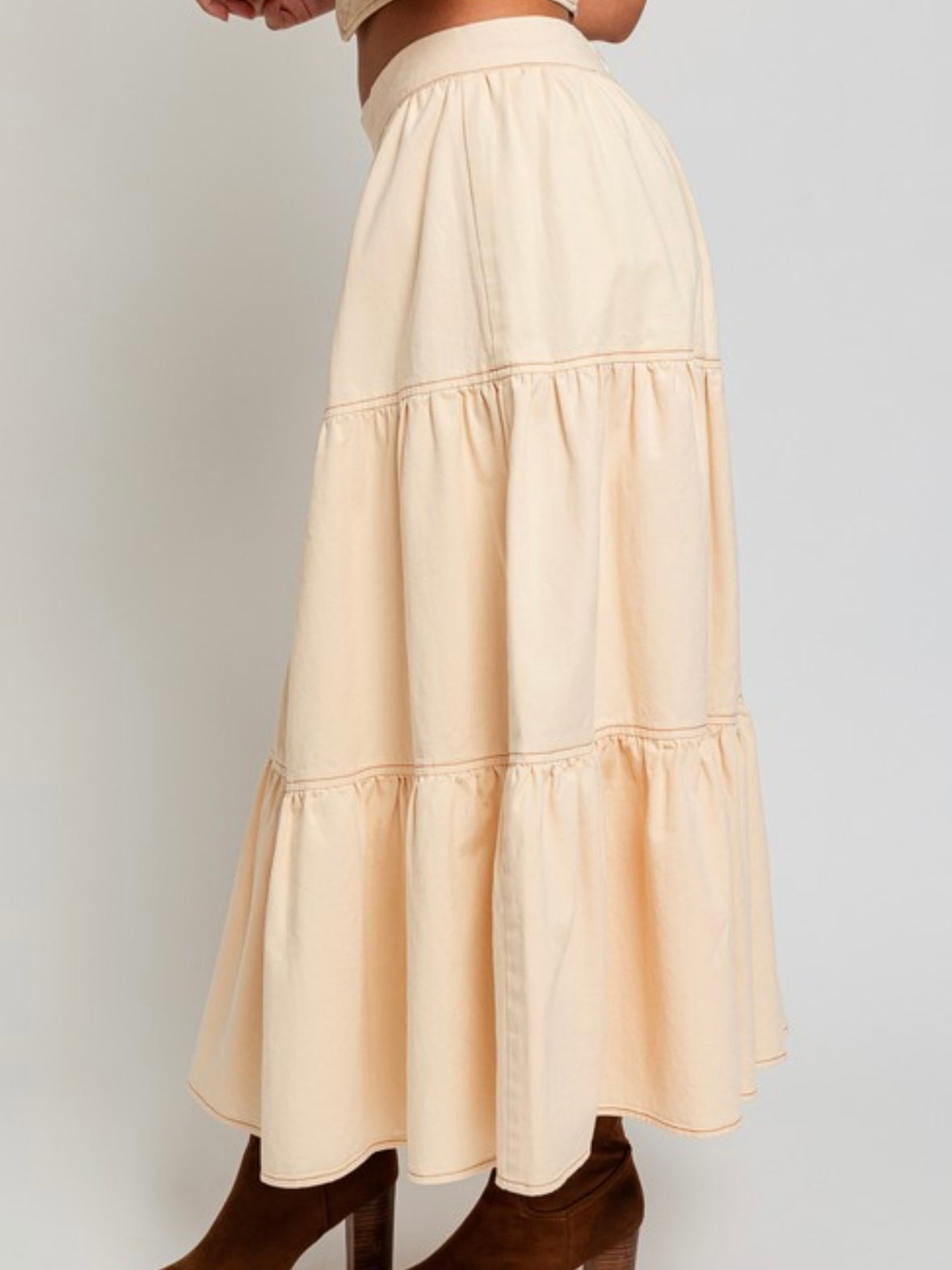 Cream Tiered Denim Midi Skirt