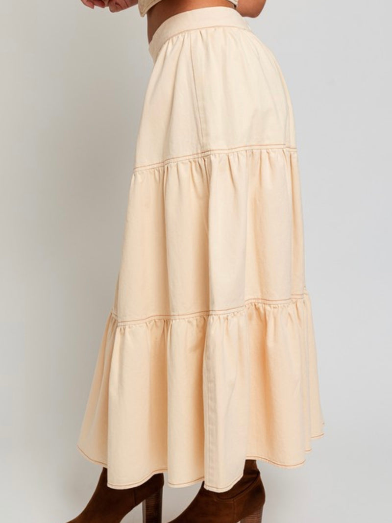 Cream Tiered Denim Midi Skirt