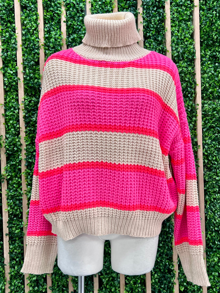 Beige Pink Colorblock Turtle Neck Sweater