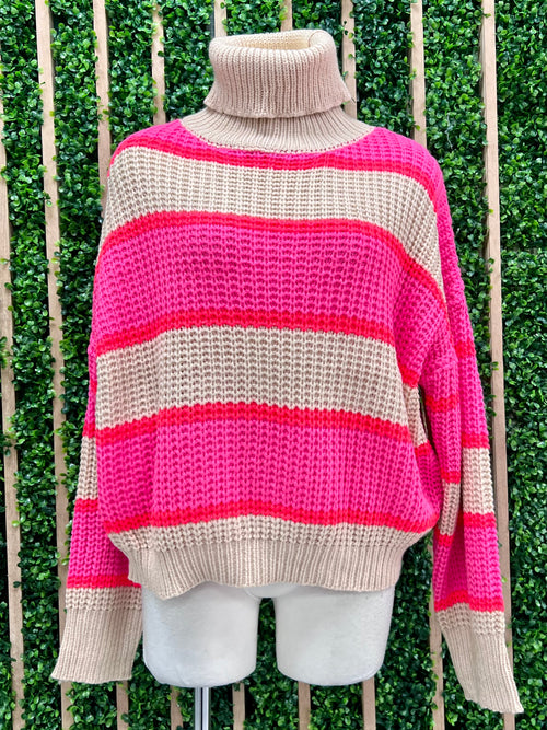 Beige Pink Colorblock Turtle Neck Sweater