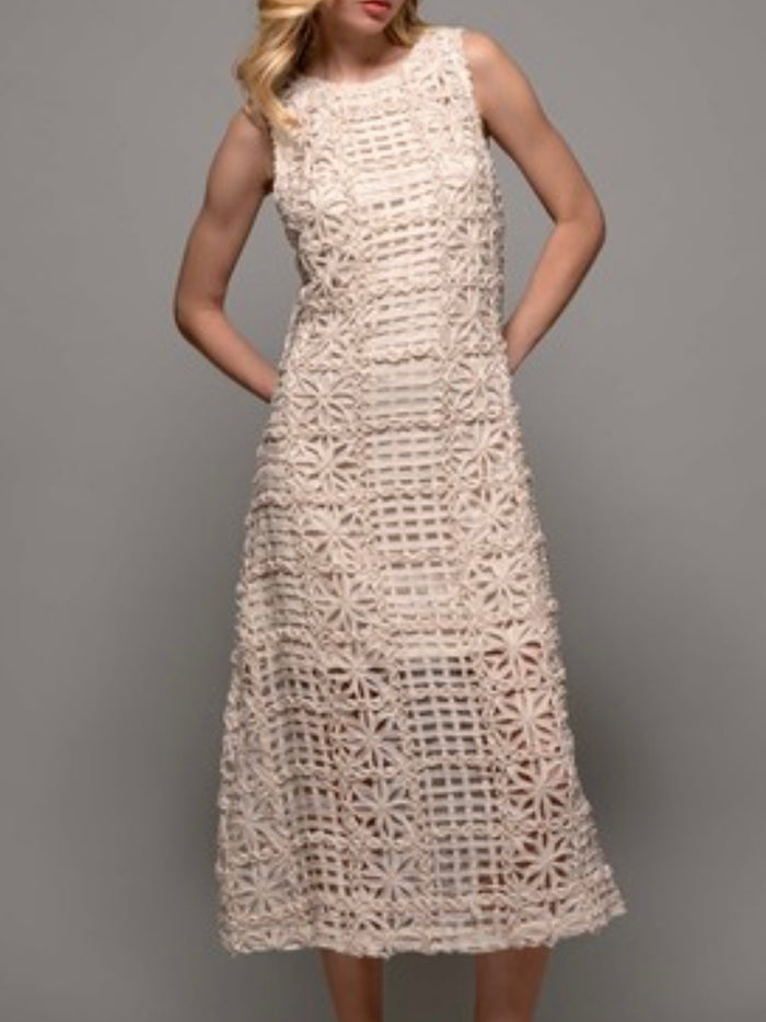Ivory Floral Weave Lace Midi Dress