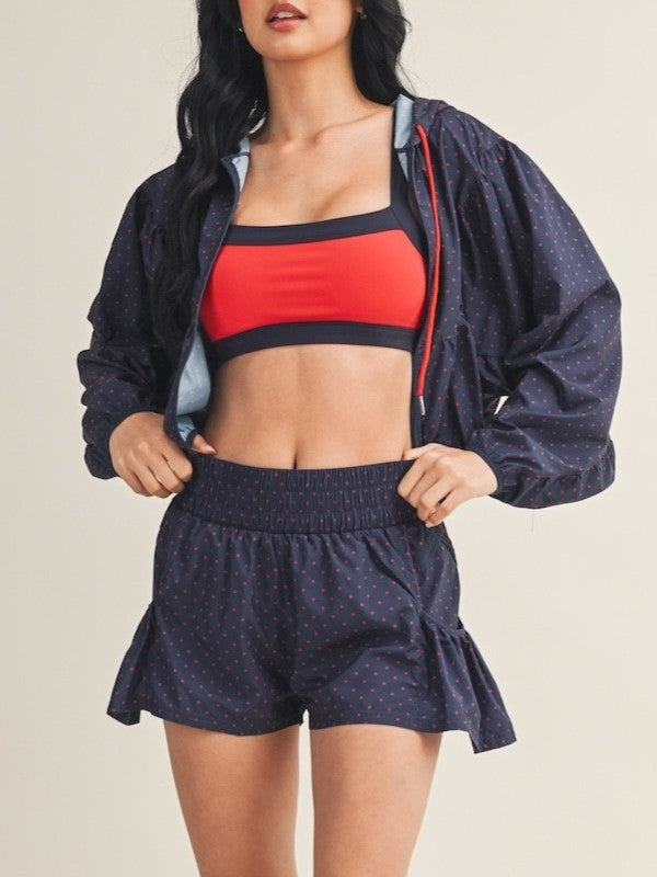 Navy Polka Dot Windbreaker Jacket & Ruffle Shorts Set