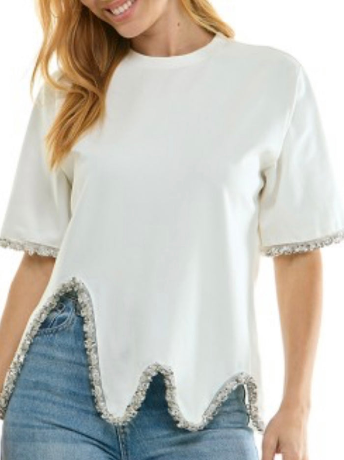 White Wavy Embellished Hem Shirt
