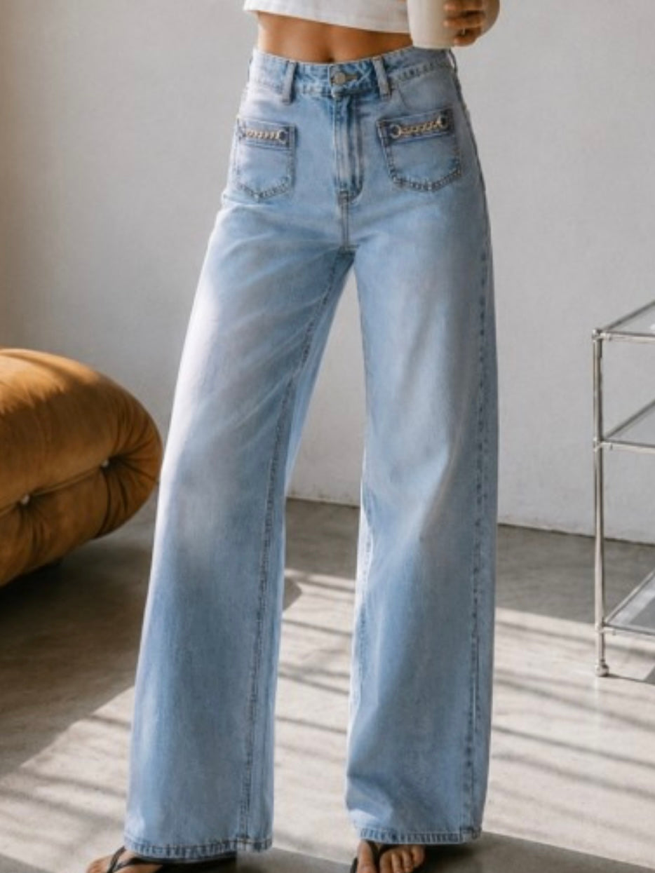 Chain Detail Light Wash High Rise Wide Leg Jeans