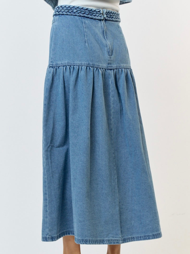 Braided Trim Denim Midi Skirt