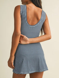 Navy Gingham Tie-Front Active Romper with Skirt Overlay