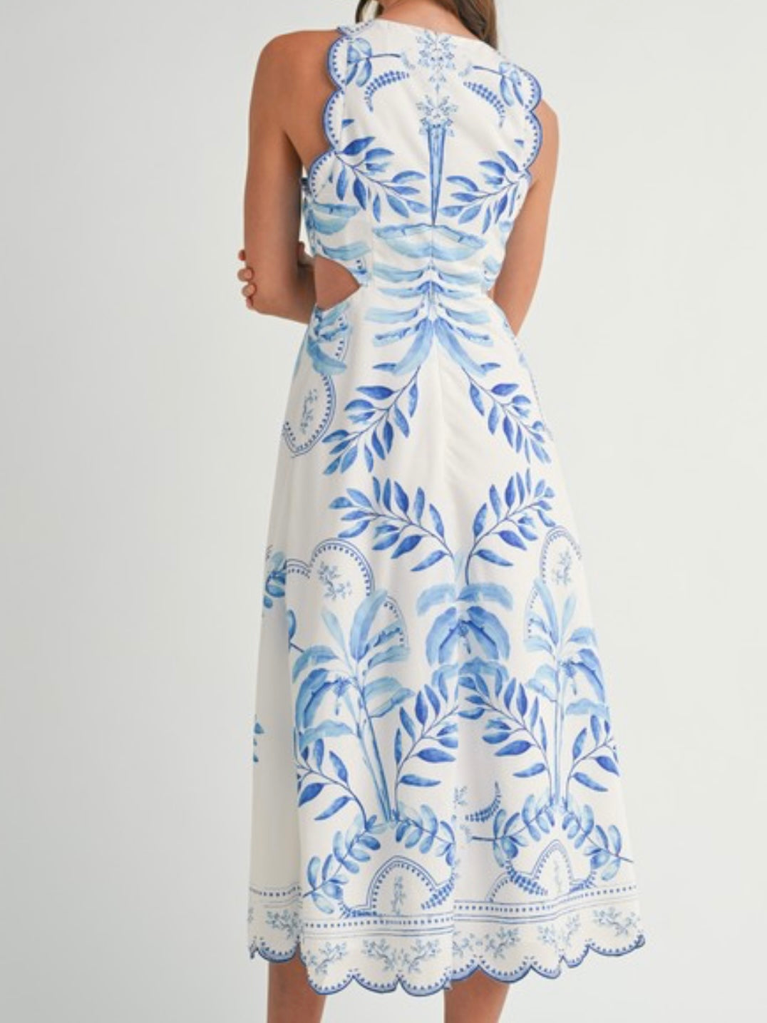 Beautiful Blue Print Scallop Hem Midi Dress