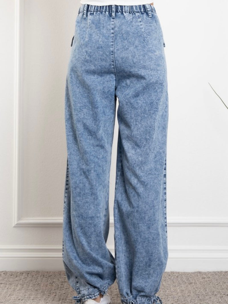 Big Pockets Tie Hem Washed Denim Pants