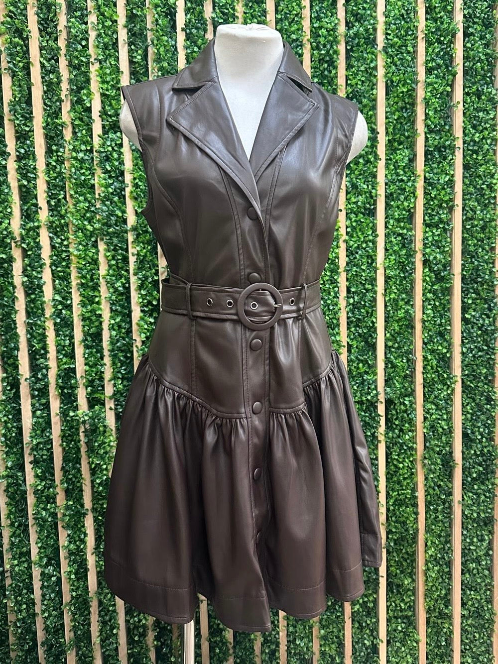 Brown pleather Vest Short Dress