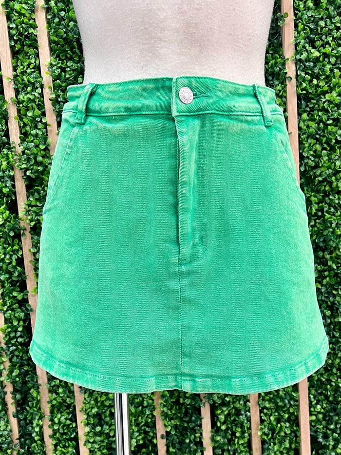 Green Denim Fitted Skort
