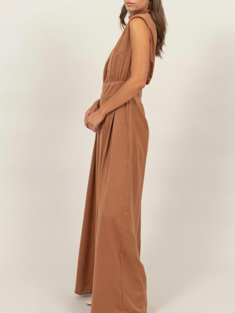 High Neck Sleeveless Wide Leg Satin Jumpsuit