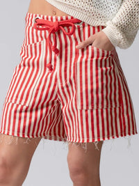 Red Striped Frayed Denim Shorts