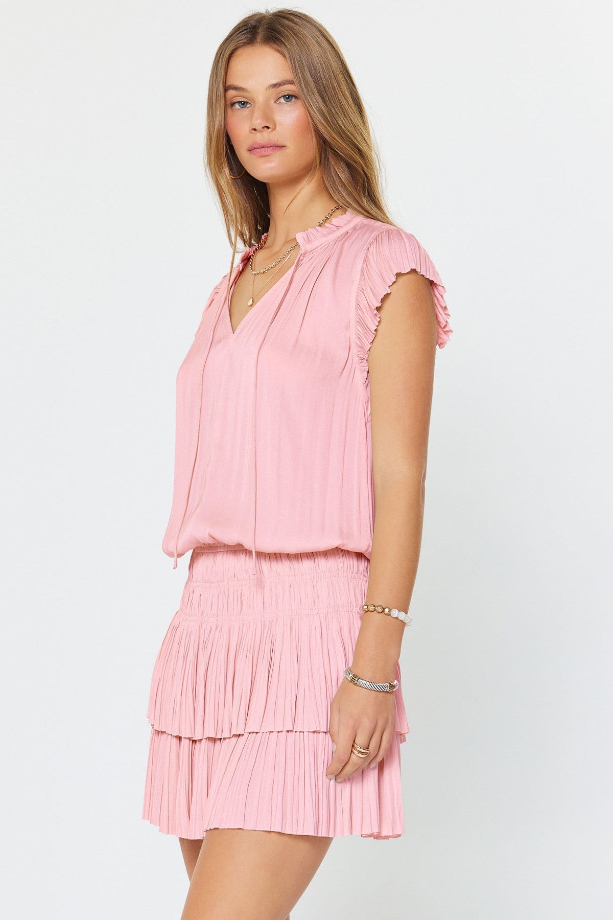 Blush Pleat Detail Neck And Sleeves Short Dress