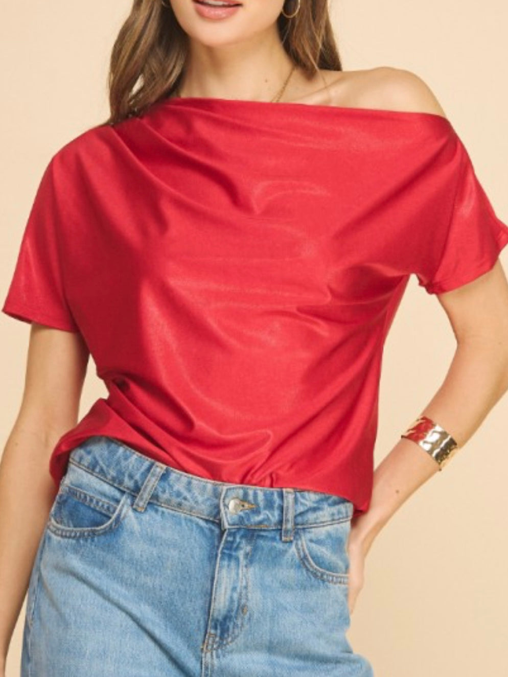 Metallic Off Shoulder Short Sleeve Top
