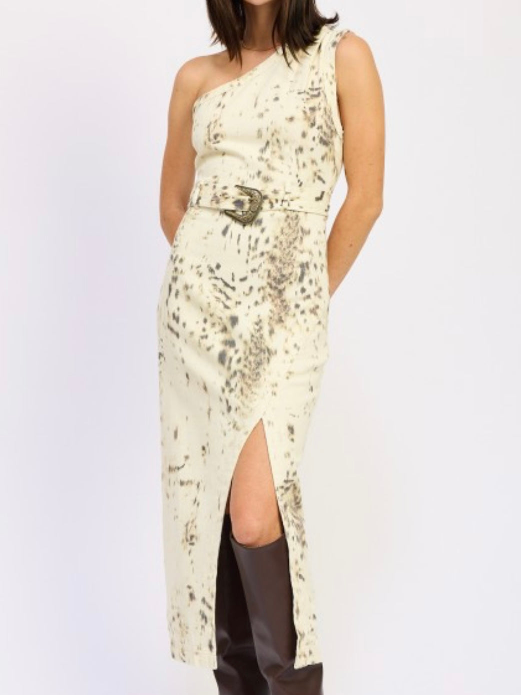 Ivory Brown Midi Printed One Shoulder Western Belted Dress