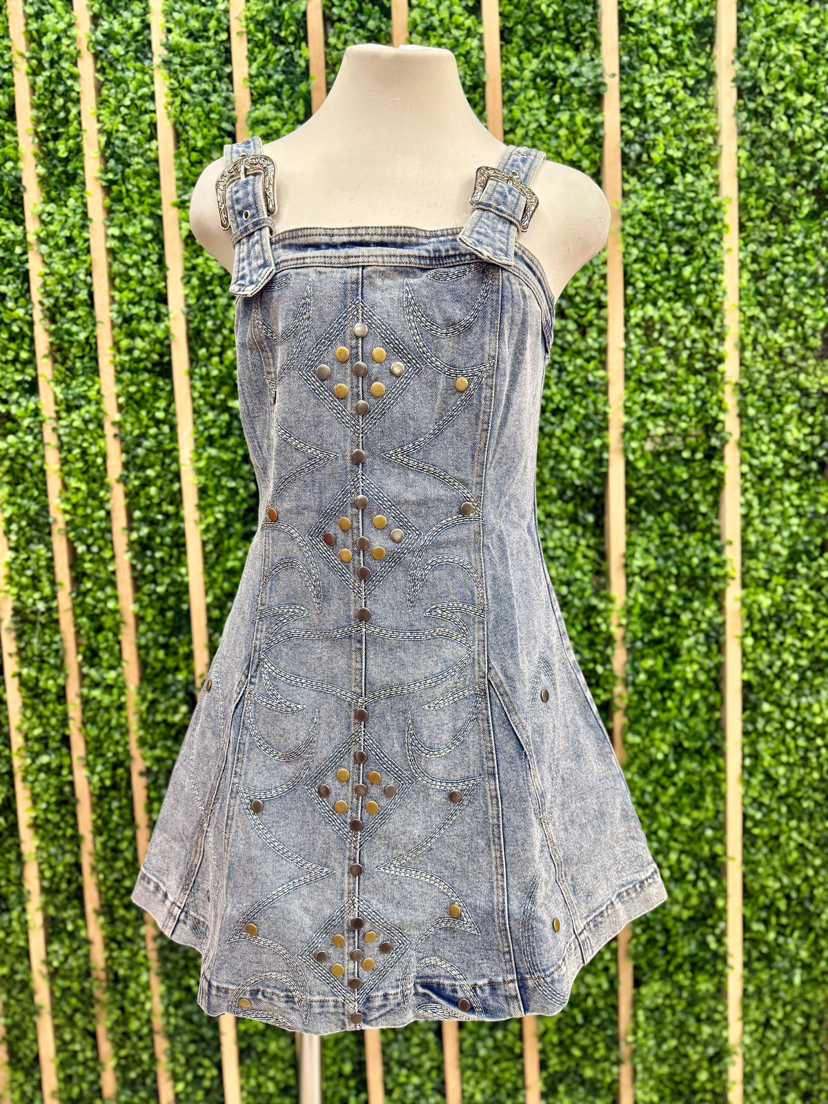 Studded Western Denim Buckle Detail Short Dress
