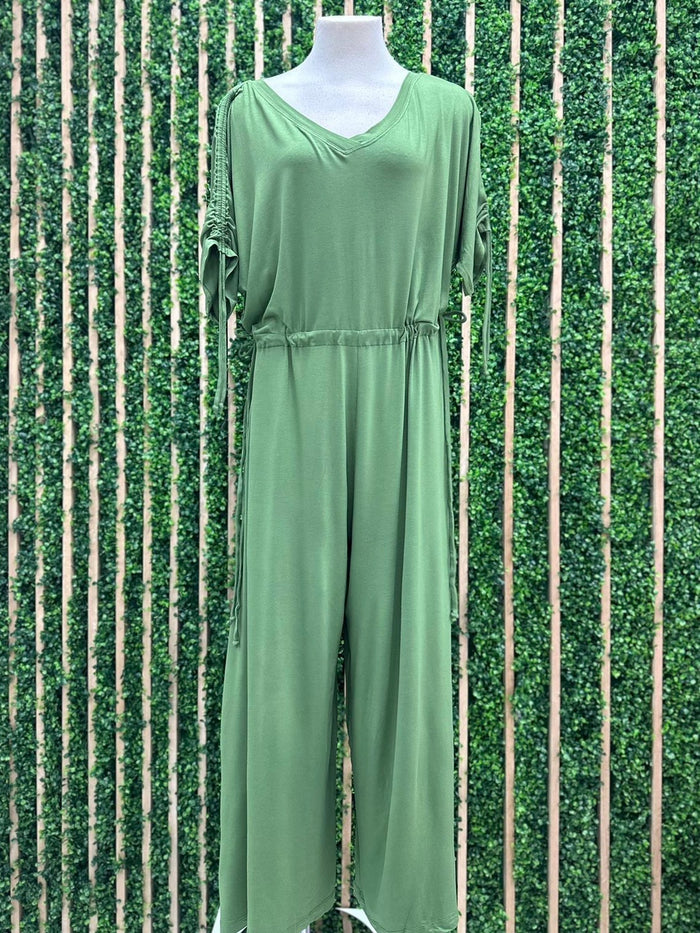 Light Olive Cinched Waist Kimono Junpsuit