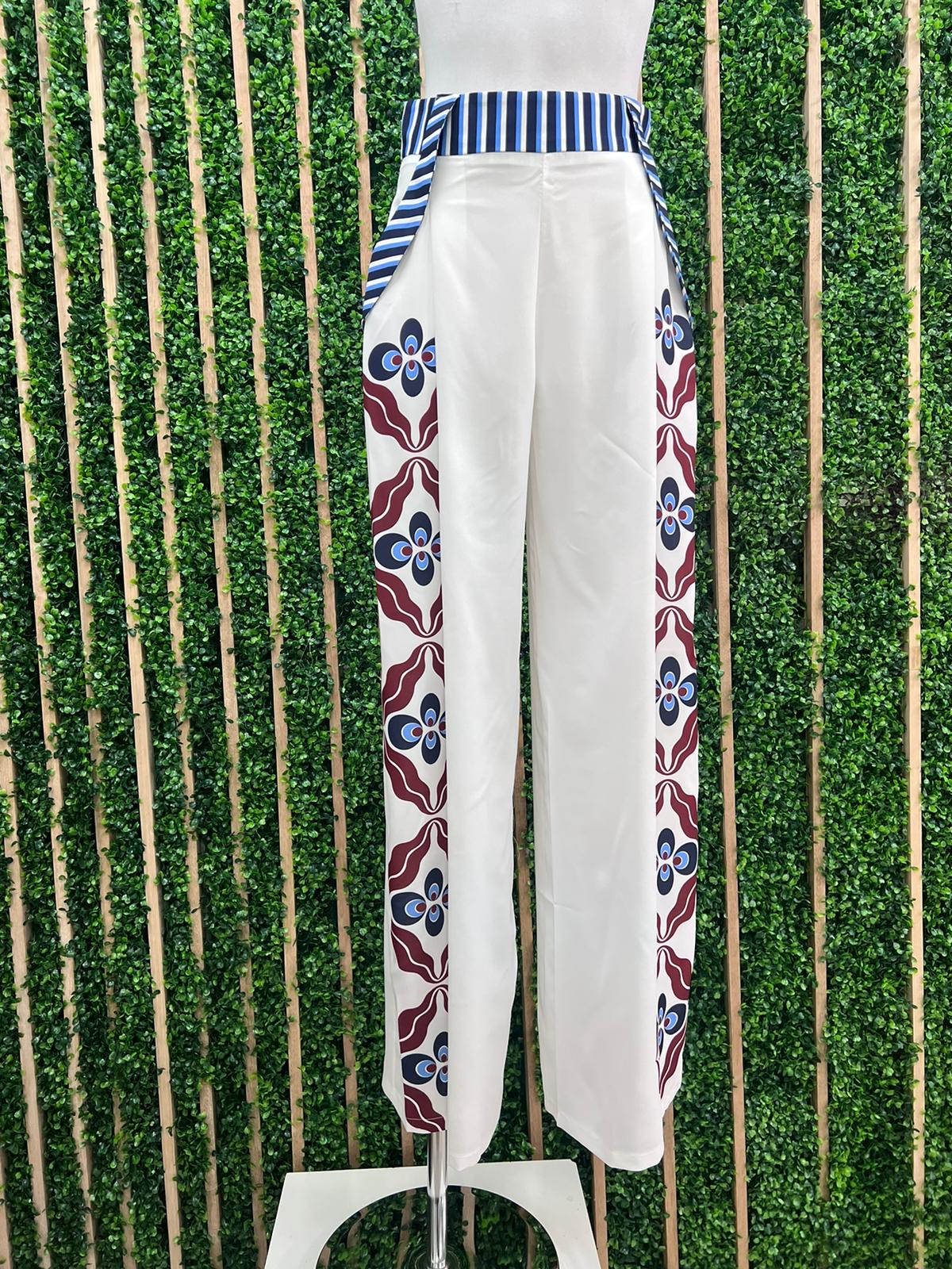 Beautiful White Side Deco Print Wide Leg Pant