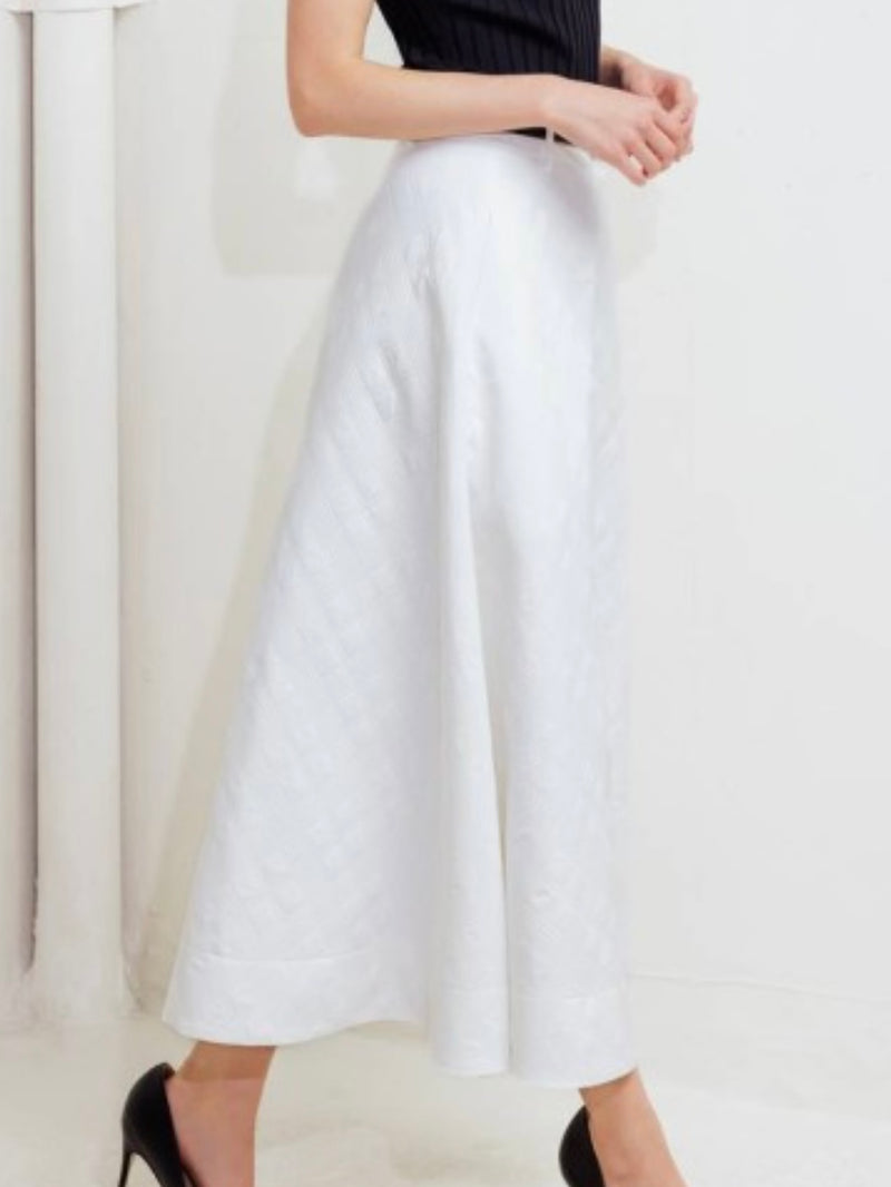 White Textured and Belted A Line Midi Skirt