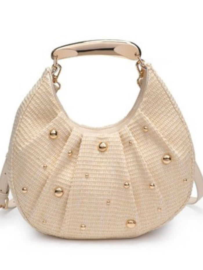 Ivory Classy Studded Textured Raffia Bag