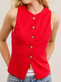 Sleeveless Buttoned Fitted Linen Vest