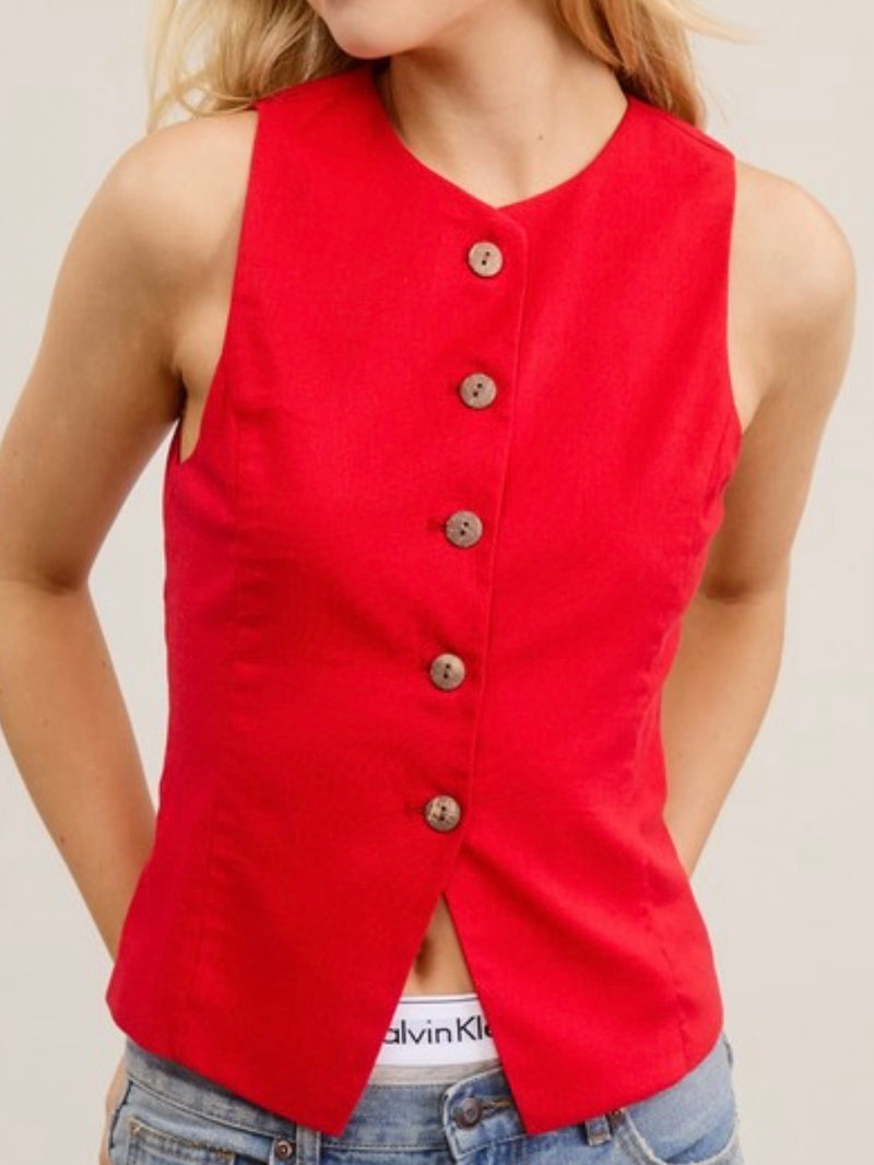 Sleeveless Buttoned Fitted Linen Vest