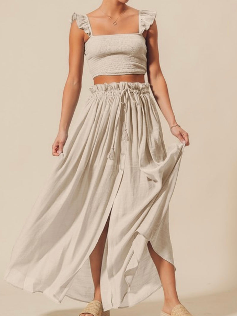 Oatmeal Boho Smocked Top Maxi Skirt Set