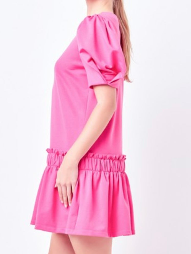 Delicate Pink Balloon Sleeve Ruched Dropwaist Short Dress