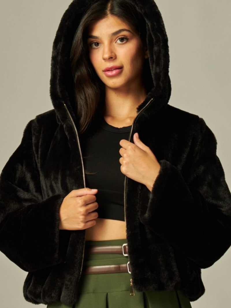 Black Faux Fur Hooded Jacket