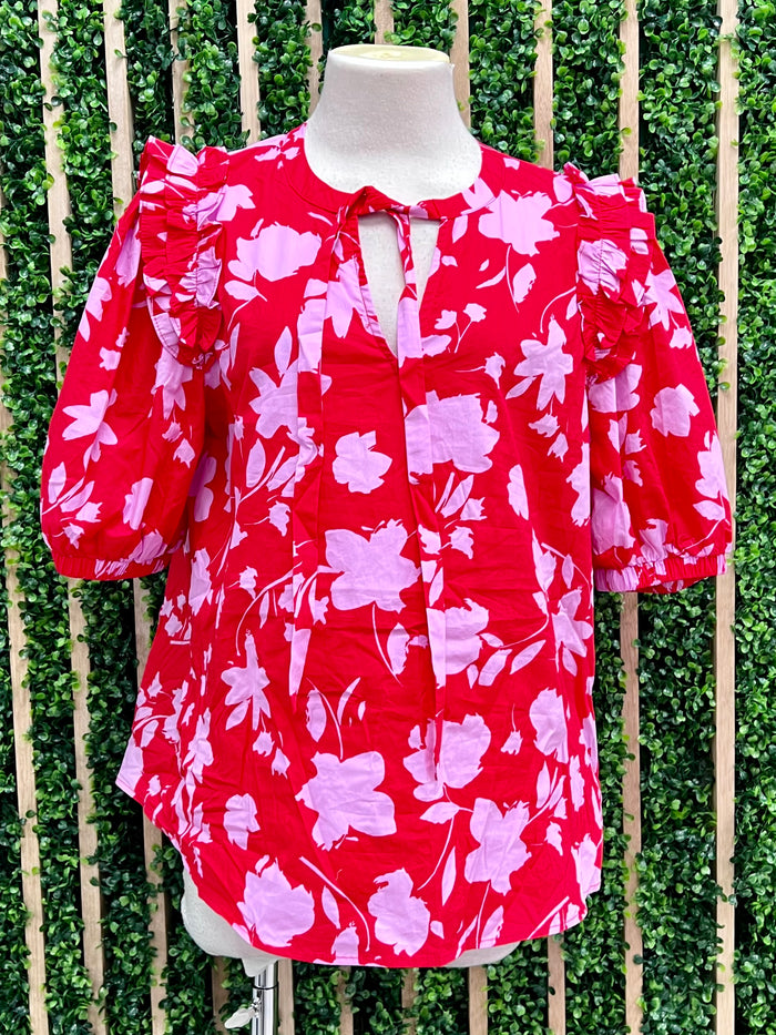 Red Pink Floral Ruffle Blouse