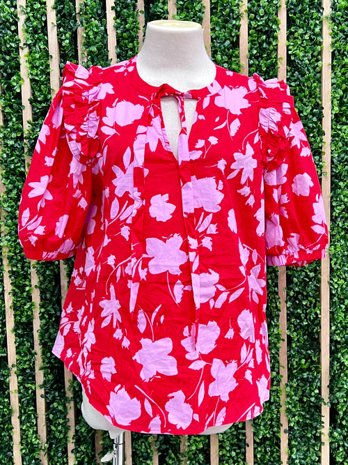 Red Pink Floral Ruffle Blouse