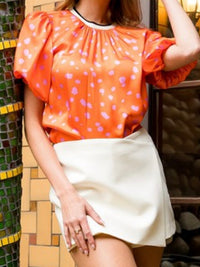Orange Pink Dots Trimmed Puff SleeveBlouse