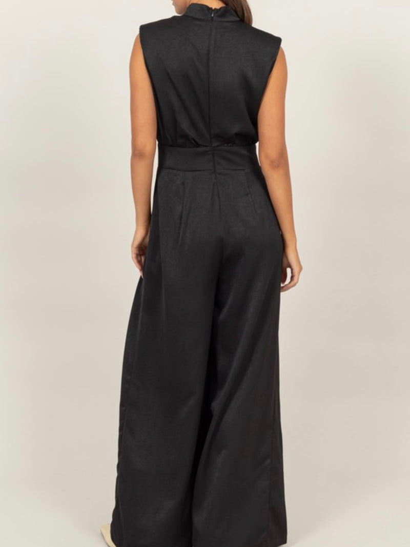 High Neck Sleeveless Wide Leg Satin Jumpsuit