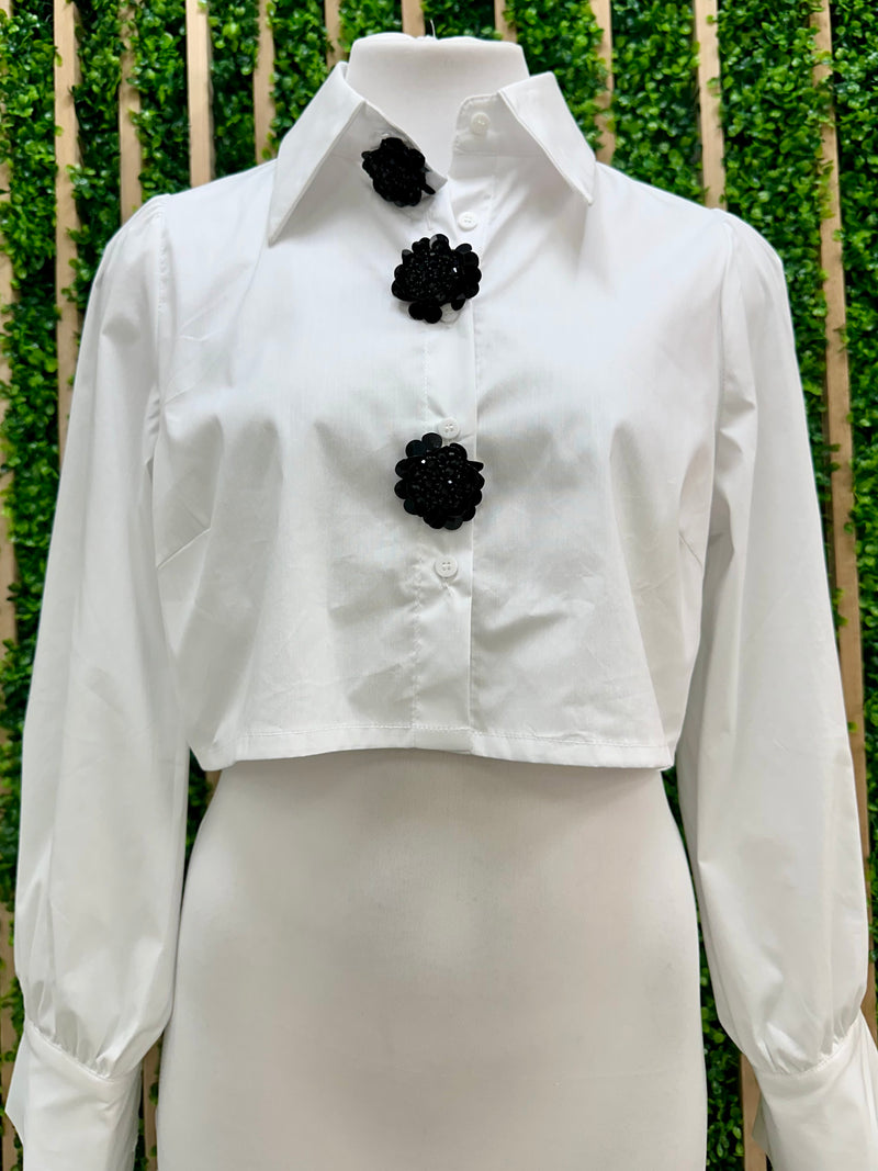 Black Flower Button Crop Blouse