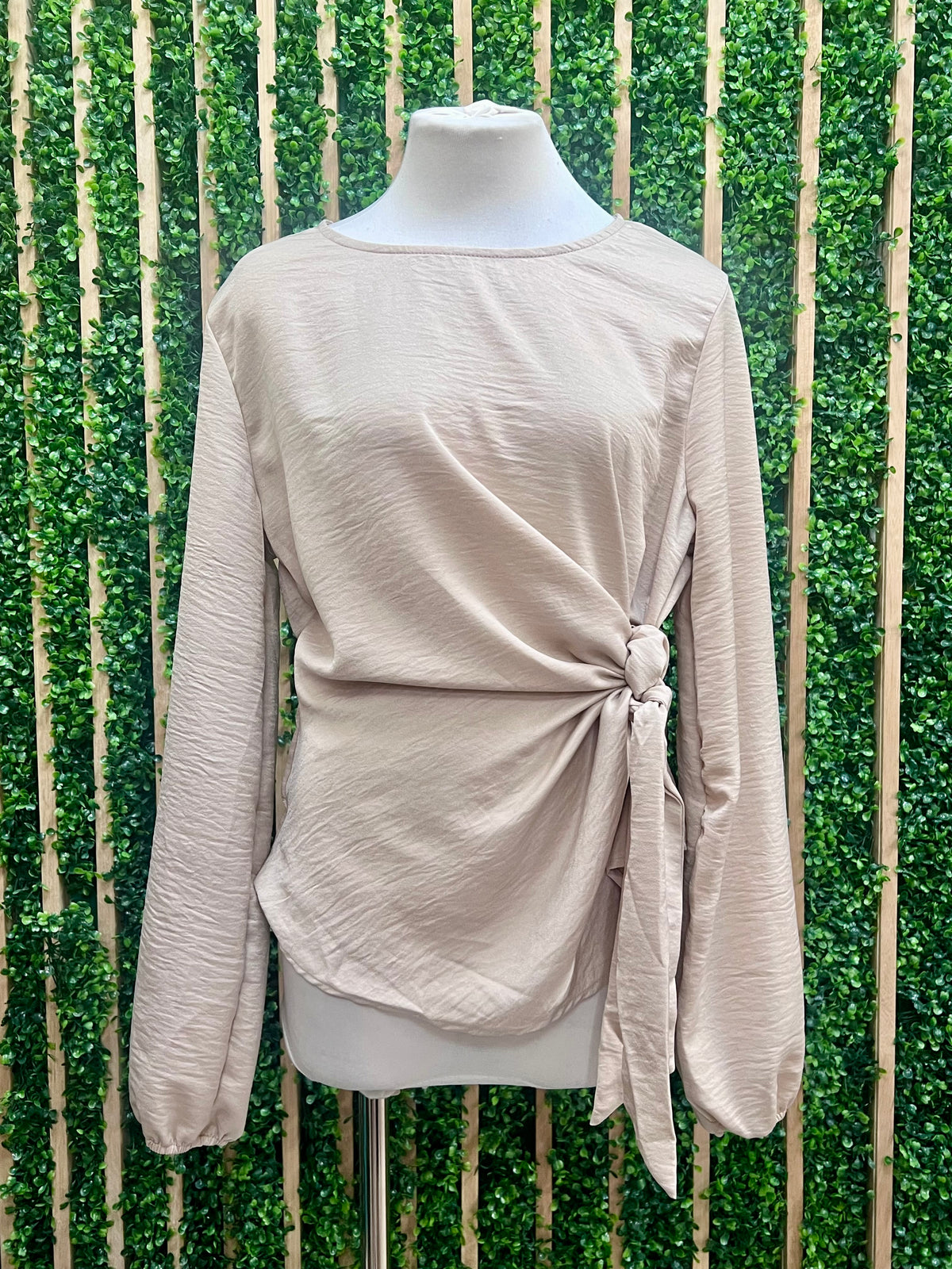 Oatmeal Round Neck Long Sleeve Front Tie Blouse